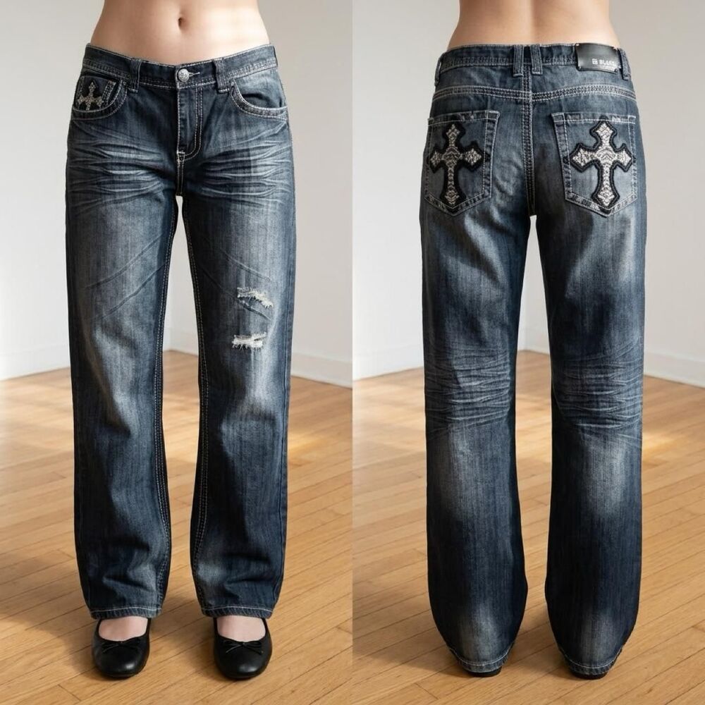 Cyber Y2K Black Premium Cross Embroidered Baggy Jeans Size 34/32 Skater Grunge